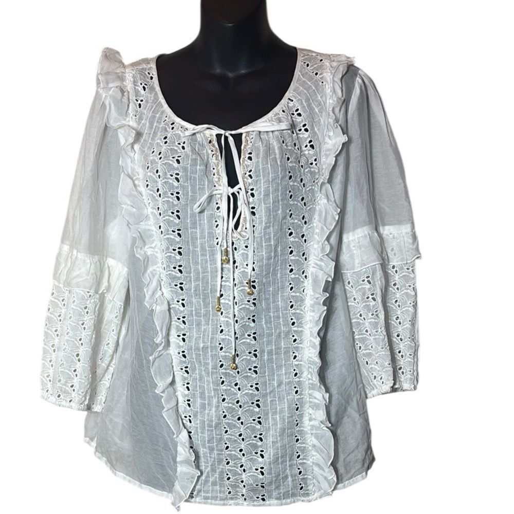 Johnny was jade women’s large Sarai ruffle eyelet bohemian blouse cotton silk